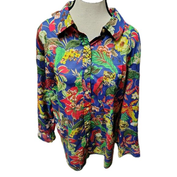 Talbots Women's Blouse Sizer 2X Button Long Roll Tab Sleeve Floral Cotton - Picture 1 of 6